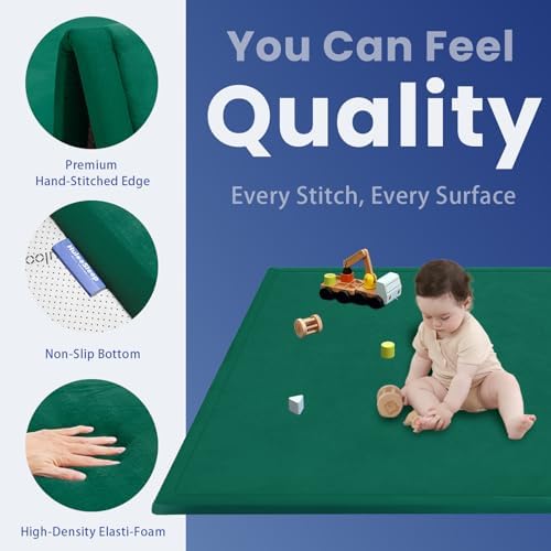 Huloo Sleep Ultra Soft Baby Play Mat for Floor, 1.3" Thick Elasti-Foam 65x50 Play Mat for Playpen,Water-Repellent Coral Velvet for Tummy Time, Non-Slip Backing,Safe for Toddlers & Infants（Dark Green)