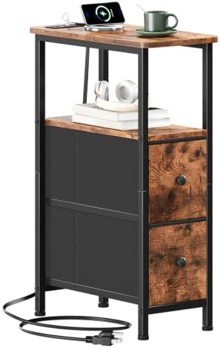 Somdot Narrow End Table with Charging Station, Side Table, 2 Drawers
