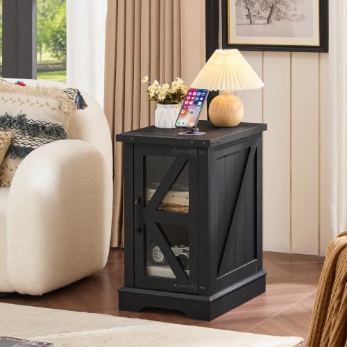 Joaxswe Narrow Night Stand Set 2 with Charger Station, Glass Barn Door
