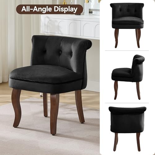 WUTUTUEE Velvet Vanity Chair with Back, Tufted Upholstered Vanity Stool with Solid Wood Legs, Mid Century Small Makeup Chair for Vanity, Accent Chair for Bedroom, Living Room, Black