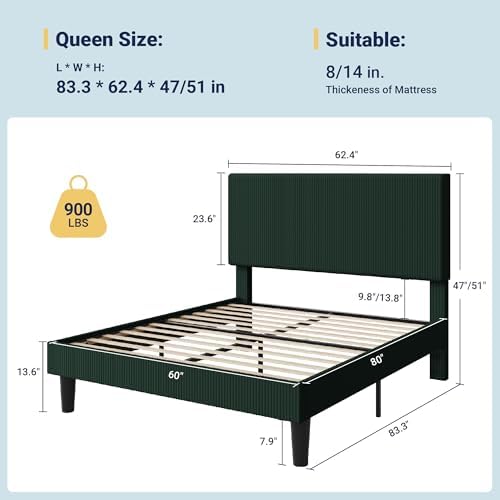 Allewie Queen Bed Frame, Corduroy Tufted Headboard, Dark Green