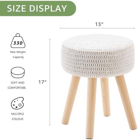 13" Round Handmade Cotton Knitted Boho Small Ottoman with Non-Skid Wood Leg