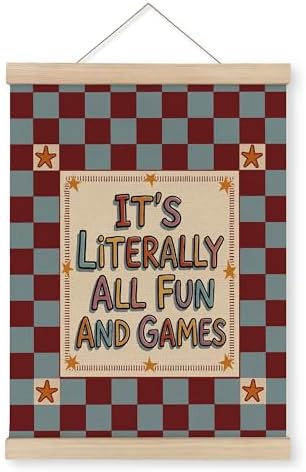 MAQIKA Funny Kids Playroom Poster Framed with Wood Hanger, Vintage Nursery Hanging Wall Decor, All Fun and Games Checkered Canvas Wall Art Paints for Kids Room Bedroom Playroom Classroom, 12x16 Inch