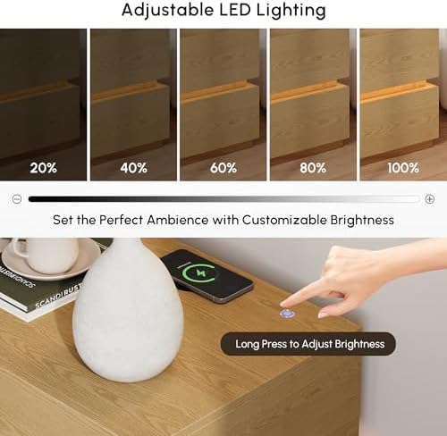 homary Smart Nightstand Set of 2 with Wireless Charging Station, USB & Type-C Ports, LED Light, 2 Drawers – Modern Natural Bedside Table for Bedroom Storage