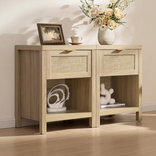 SICOTAS Nightstands Set of 2 Rattan Night Stand with Drawer 19.7" Wide