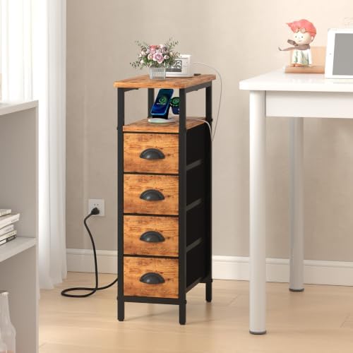 sthmec Side Table with Charging Station, Narrow End Table with 4 Drawers, Small Nightstands with Fabric Drawers,Slim Sofa Couch Side Tables for Small Spaces,Living Room,Bedroom,Rustics Brown