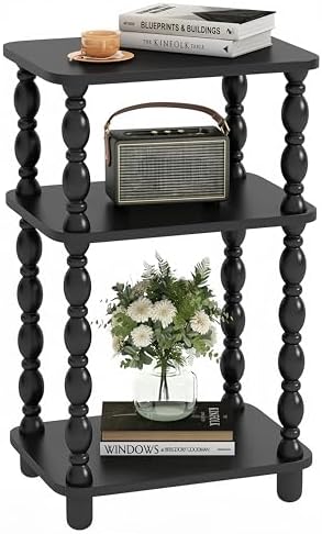 Side Table, Retro End Table with 3 Tier Shelf, Small Couch Side Table for Living Room, Vintage Farmhouse End Table, Bedroom Skinny Bedside Table Nightstand(Black)