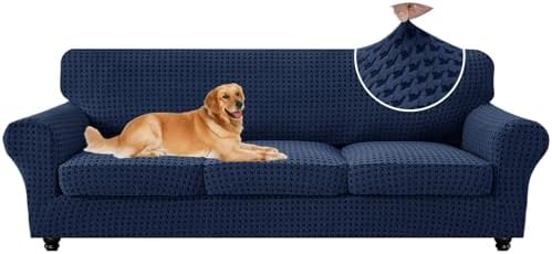 MAXIJIN 4 Pieces Stretch Oversized Couch Covers for 3 Cushion Sofa Covers Washable Sofa Slipcovers Thick Soft Furniture Protector with Non Slip Strap (Navy Blue), 91"-110"(3 XL Cushions)