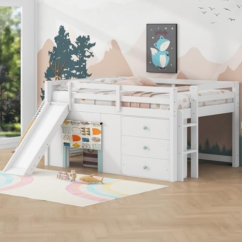 LUMISOL Full Size Low Loft Bed with Slide and Storage Drawers, Solid Wood Kids Loft Beds with 2 Doors, No Box Spring Needed, Easy Assembly, White