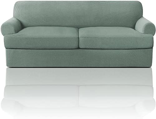 PrinceDeco T Cushion Sofa Slipcover 3 Pieces Sofa Covers for T Cushion Couch Soft Couch Covers Sofa Slip Cover Furniture Covers with 2 Individual T Shape Seat Covers Width Up to 88", Sage