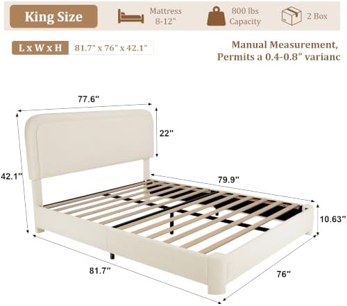 Vipbear Boucle King Size Bed Frame with Adjustable Headboard, Upholstered Cloud Platform Bed Frame with Wood Slats, Noise-Free King Bed, No Box Spring Required, Easy Assembly, Beige
