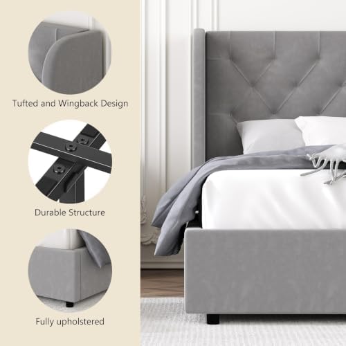 HOMBCK Full Size Bed Frame with Velvet Upholstered Headboard, Grey