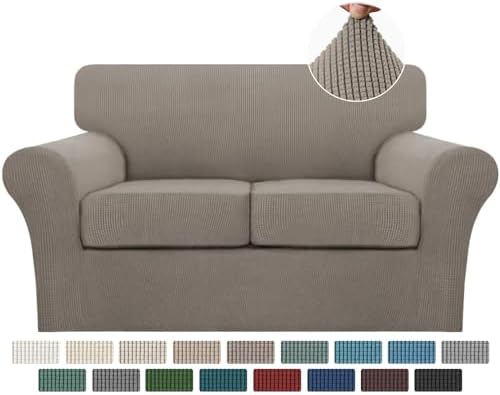 Turquoize 3 Piece Sofa Covers for 2 Cushion Couch Sofa Slipcover Soft Couch Cover for Dogs-Washable Sofa Furniture Covers with 2 Individual Cushion Covers, Thick Jacquard Fabric (Loveseat, Taupe)