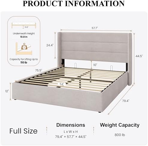 SHA CERLIN Full Size Lift Up Hydraulic Storage Bed Frame Light Beige