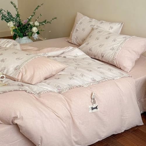 Queen Size Duvet Cover Set 3 Pcs,Cotton Linen Floral Bedding 90"×90"