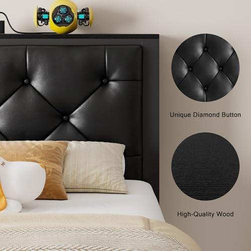 Einhomn Twin Bed Frame with Storage Drawer, Metal Platform Bed with Charging Station, Upholstered Faux Leather Button Tufted Storage Headboard, No Box Spring Needed, Noise-Free, Easy Assembly, Black