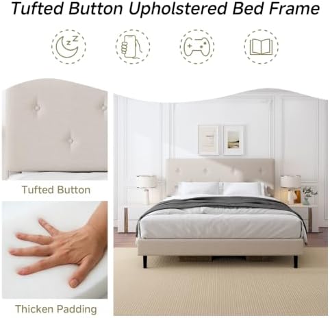 Queen Size Linen Bed Frame with Adjustable Headboard Beige