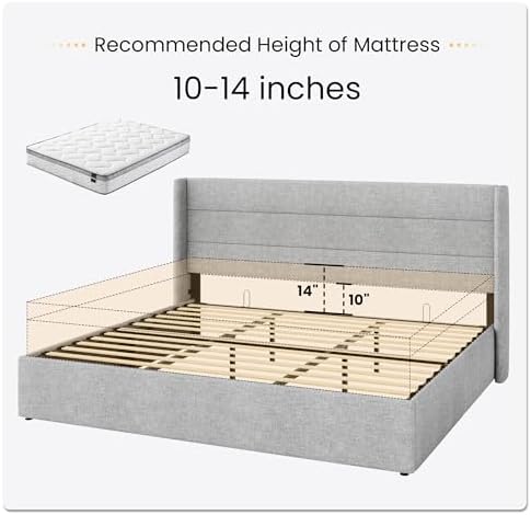 SHA CERLIN King Size Lift Up Hydraulic Storage Bed Frame Light Grey