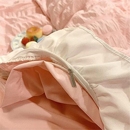 Girls Pink Ruffled Bedding-3 Pieces Queen Seersucker Duvet Cover Textured Stripe Style, Soft Lightweight, Washed Microfiber, Zipper Closure and Ties