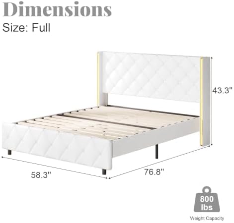 HOMBCK Bed Frame Full Size with Leather Headboard, Goldside Wingback, White