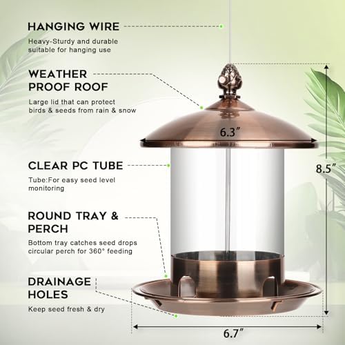 Gbekery Metal Bird Feeders for Outdoors Hanging, 360° Feeding Tray, Copper