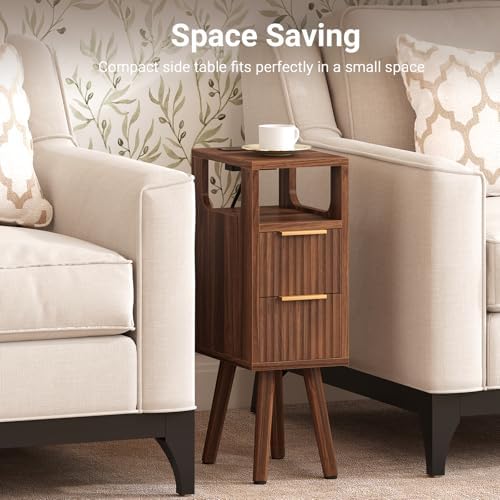 Narrow Side Table with Charging Station, Skinny Fluted Nightstand, Walnut
