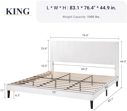 Allewie King Bed Frame/Velvet Upholstered Bed Frame with Vertical Channel Tufted Headboard/Strong Wooden Slats/Platform Bed Frame/Mattress Foundation/Box Spring Optional/Easy Assembly/White