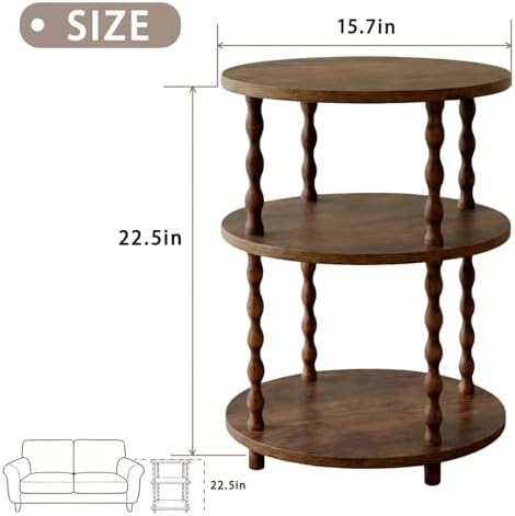 Round Side Table, 3-Tier End Table with Storage, Rustic Brown