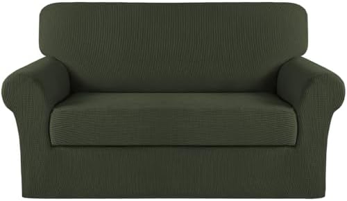 Turquoize Stretch Sofa Slipcover 2 Pieces Sofa Cover Couch Cover for 2 Cushion Couch Washable Furniture Protector Covers with Elastic Bottom Feature Thick Jacquard Fabric (Loveseat, Olive)