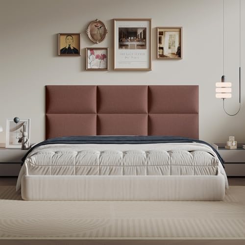 6-Piece Light Brown Linen Upholstered Headboard Twin Size, Wall Mounted Neutral Fabric Headboard, Warm Padded Panels for Bedroom