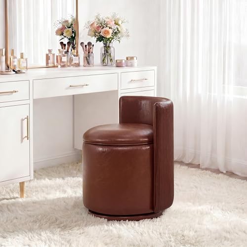 HUBSON Vanity Chair with Storage, Waterproof Leather Swivel Chairs with Back, Modern Round Accent Makeup Chair, No Assembly Vanity Stool for Living Room, Bedroom, Dressing, Brown Leather