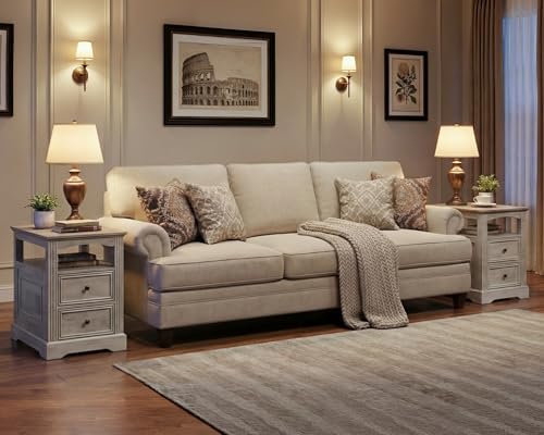 RALGEND Farmhouse End Table with 2 Drawers Set of 2, Greige