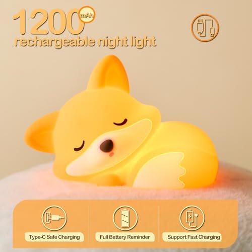 ATSUI Fox Night Light, LED Squishy Novelty Animal Lamp, Food Grade Silicone, 2 Level Dimmable, Nursery Nightlight for Desk Decor, Funny Gifts Stuff for Boys Girls Baby, White Elephant Gifts