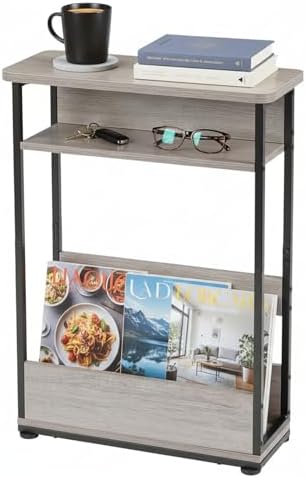 Narrow Side Table,3-Tier Slim End Table with Storage Shelf,Modern Sofa Table Thin Side Table for Narrow and Small Spaces, Skinny Bedside Table Small Nightstand with Magazine Rack Space Saving/Oak