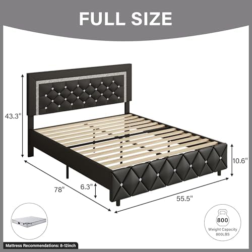 Full Size Bed Frame, Faux Leather Upholstered Bed with Diamond Headboard