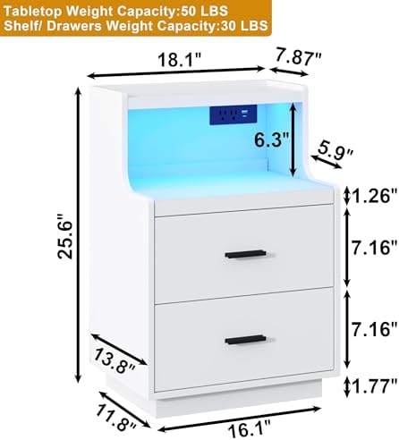 Yusong LED Nightstand Bedside Table with Charging Station 2 Drawers, Modern Sofa Couch End Side Table with LED Lights and Pull-Out Shelf for Bedroom, White