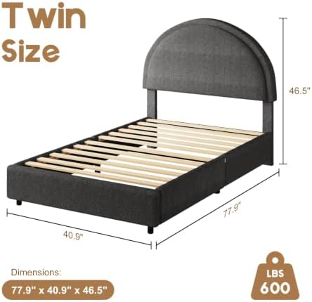 REVOMINCA Twin Size Bed Frame, Boucle Upholstered Platform Bed with Headboard, Cloud Bed Frame with Soft Rounded Corners, No Box Spring Required, Easy Assembly, Dark Grey