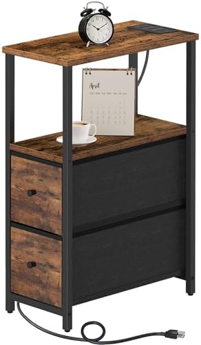 TUTOTAK Narrow End Table, Skinny Side Table with Charging Station