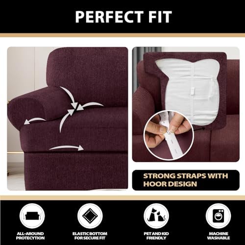 Sofa Cover 2 Pieces T Cushion Chair Covers with Arms Super Stretch Chair Slipcover for Living Room,Slip Cover Anti Slip Armchair Furniture Protector Pet Universal(Burgundy, 1 Cushion)
