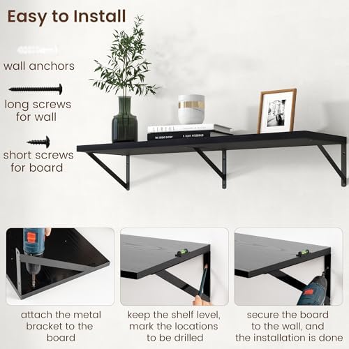 Axeman Deep Floating Shelves - 40 Inch Black Floating Shelves Set of 2-12 Inch Deep Wood Wall Shelves for Living Room Bathroom Kitchen