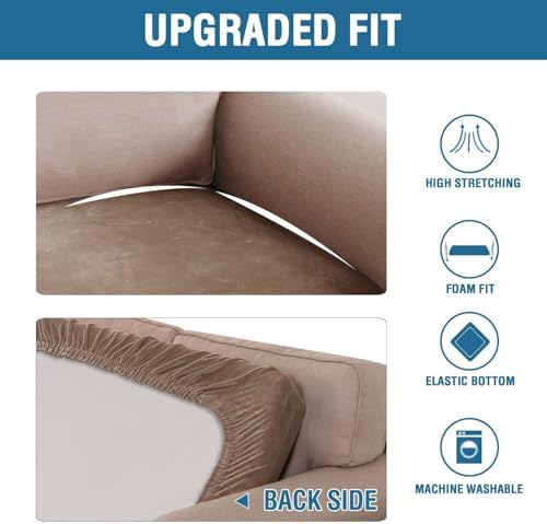 H.VERSAILTEX Velvet Stretch Individual Couch Cushion Cover Plush Slipcover for Loveseat Sofa Seat Furniture Protector Cover (1 Piece Loveseat Cushion Cover, Camel)
