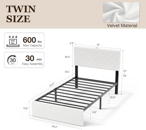Twin Bed Frame with Adjustable Headboard, White Velvet Upholstered