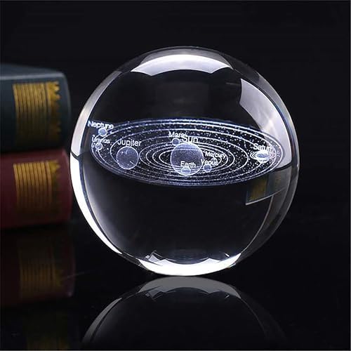 3D Solar System Crystal Ball with Wood Base, Engraved Universe Planet Sphere, Kid Education Decorative Glass Ball, Decor Creative Gift