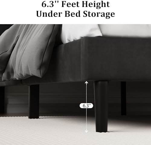 CXVX King Size Platform Bed Frame with Upholstered Velvet Button Tufted Headboard, Mattress Foundation with Wooden Slat Support, No Box Spring Needed, Easy Assembly, Noise Free, Black.