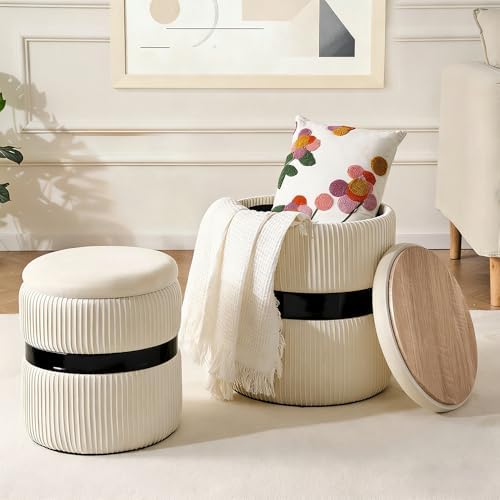 Set of 2 Storage Ottoman, Round Velvet Vanity Stool with Tray, White