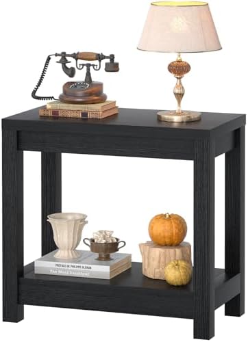 Besiost Farmhouse End Table, Narrow Side Table, Slim End Table with Storage Shelf, Small Console Table for Small Spaces, Nightstand Sofa Table for Living Room, Bedroom, 24" Embossed Wood Grain Black