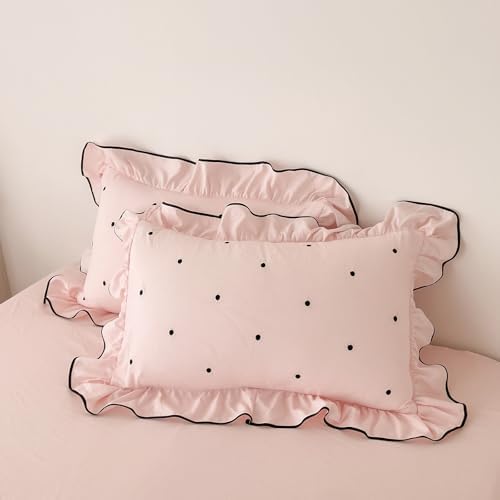 Polka Dot Duvet Cover King Size Pink Ruffle King Comforter Cover Embroidered Soft Washed Brushed Microfiber Zipper Duvet Cover Set with Corner Ties Girl Bedding Set Chic Duvet Protector