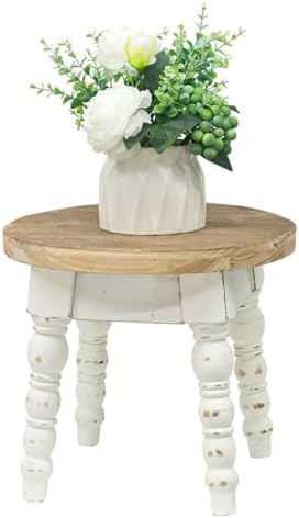 Vintage Solid Wood Step Stool, Round Farmhouse Wooden Stool, Easy Assembly for Kids, Plant Stand or Bathroom Kitchen French Country Shabby Chic Decor