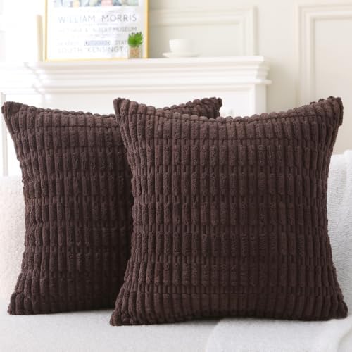 2 Pack Corduroy Decorative Throw Pillow with Inserts, 18x18 Inch Soft Boho Throw Pillow, Square Striped Throw Pillows for Couch, Bed, Sofa Decor