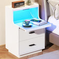 Yusong LED Nightstand Bedside Table with Charging Station 2 Drawers, Modern Sofa Couch End Side Table with LED Lights and Pull-Out Shelf for Bedroom, White